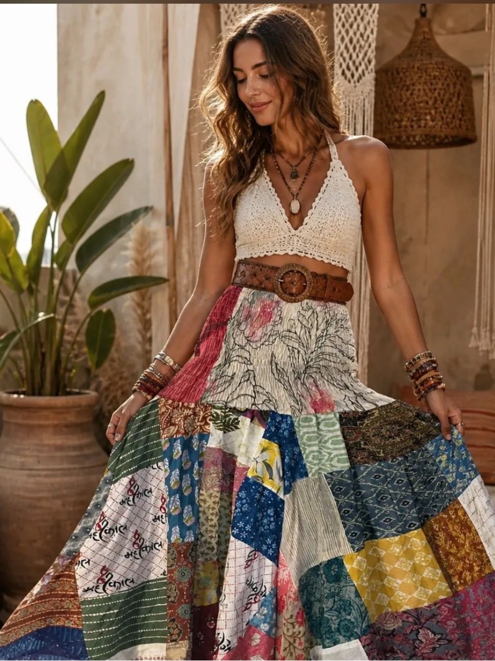 NEW Boho Patchwork Tiered Maxi Skirt OoS